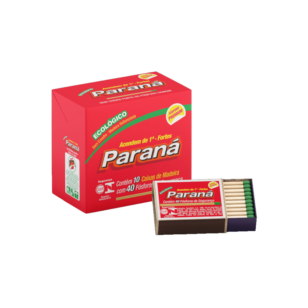 Fosforo Parana Madeira Eco Contém 10 caixas com 40 fósforos  Fosforo Parana Madeira Eco Contém 10 caixas com 40 fósforos