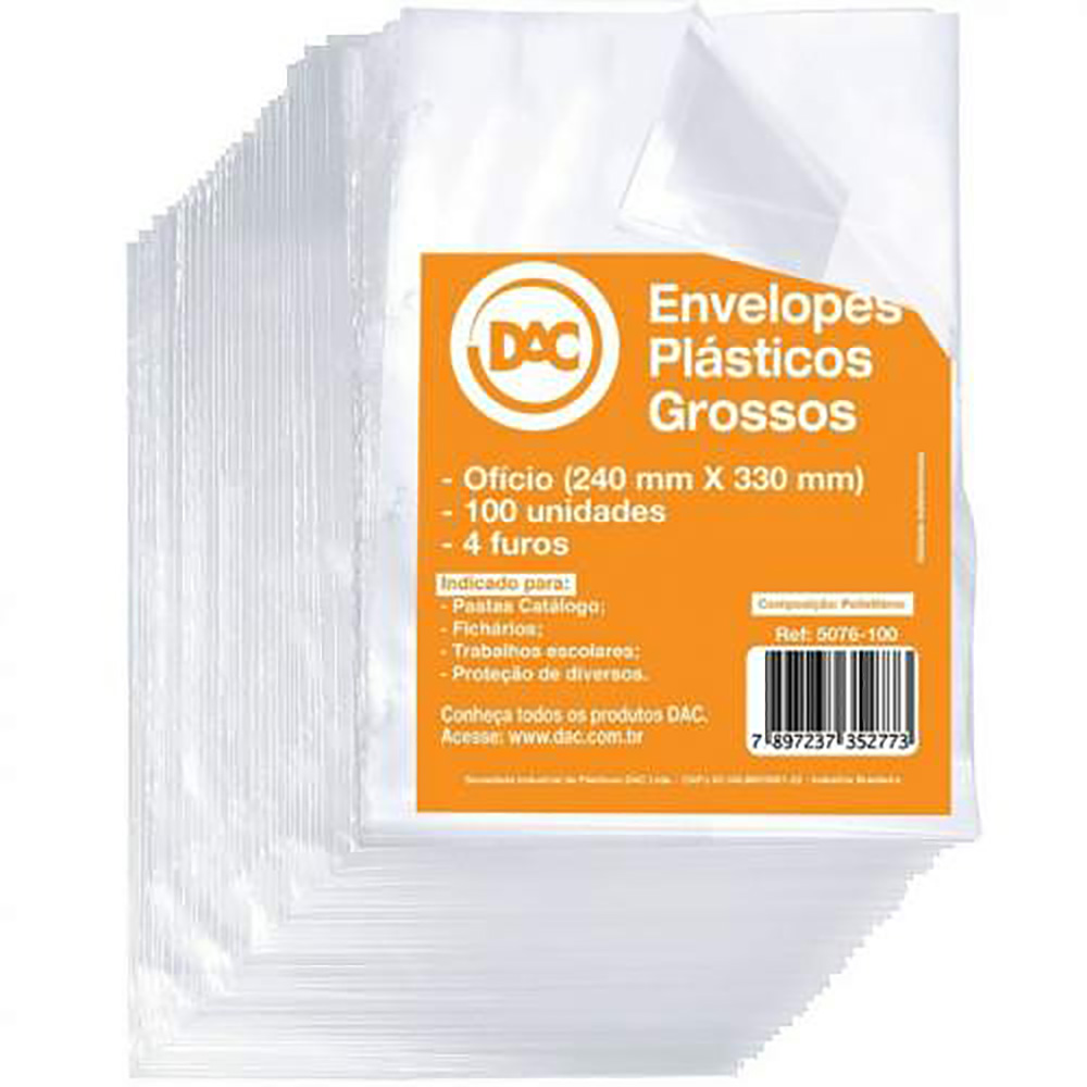 ENVELOPE PLASTICO GROSSO COM 4 FUROS PACOTE COM 100 UNIDADES DAC ENVELOPE PLASTICO GROSSO COM 4 FUROS PACOTE COM 100 UNIDADES DAC