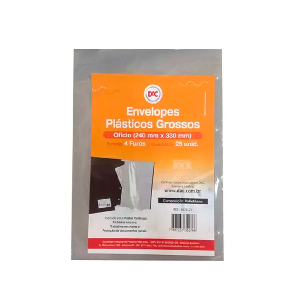 ENVELOPE PLASTICO GROSSO COM 4 FUROS PACOTE COM 25 UNIDADES DAC ENVELOPE PLASTICO GROSSO COM 4 FUROS PACOTE COM 25 UNIDADES DAC