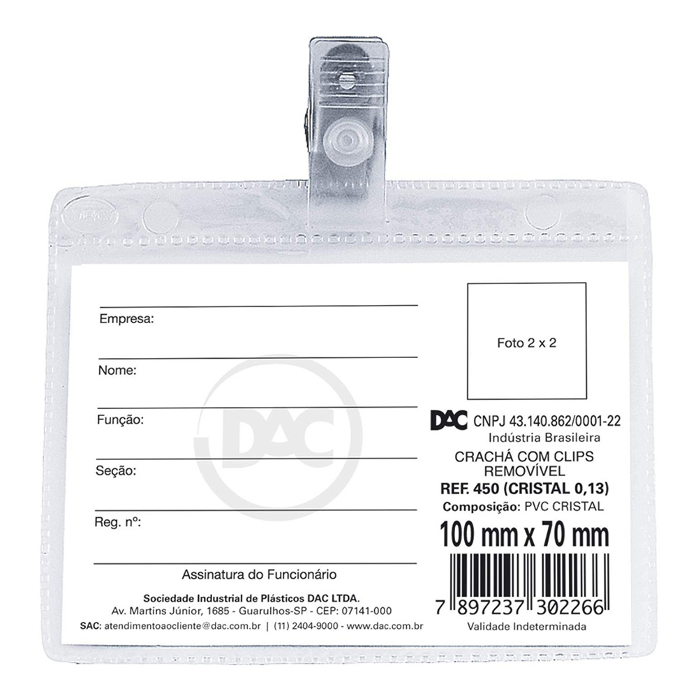 CRACHÁ HORIZONTAL COM PRESILHA REMOVÍVEL 10 X 7 CM - DAC<br>                CRACHÁ HORIZONTAL COM PRESILHA REMOVÍVEL 10 X 7 CM - DAC<br>