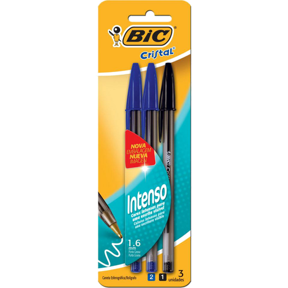 Caneta esferográfica 1.6mm Cristal Bold Azul/Preta - Blister c/3 UN - BIC <br> Caneta esferográfica 1.6mm Cristal Bold Azul/Preta - Blister c/3 UN - BIC <br>