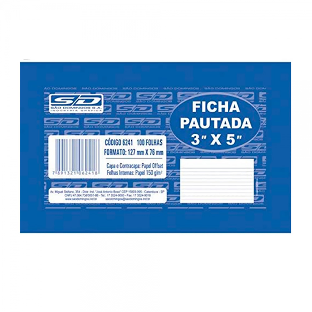 FICHA PAUTADA 3X5 N1 COM 100 FOLHAS - SÃO DOMINGOS                      FICHA PAUTADA 3X5 N1 COM 100 FOLHAS - SÃO DOMINGOS