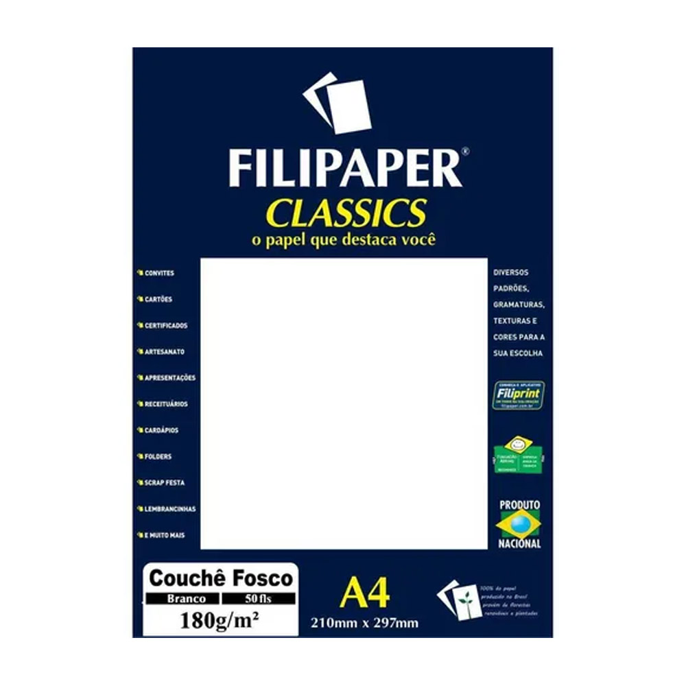PAPEL COUCHE BRANCO FOSCO 180GR C/50FL FILIPAPER PAPEL COUCHE BRANCO FOSCO 180GR C/50FL FILIPAPER