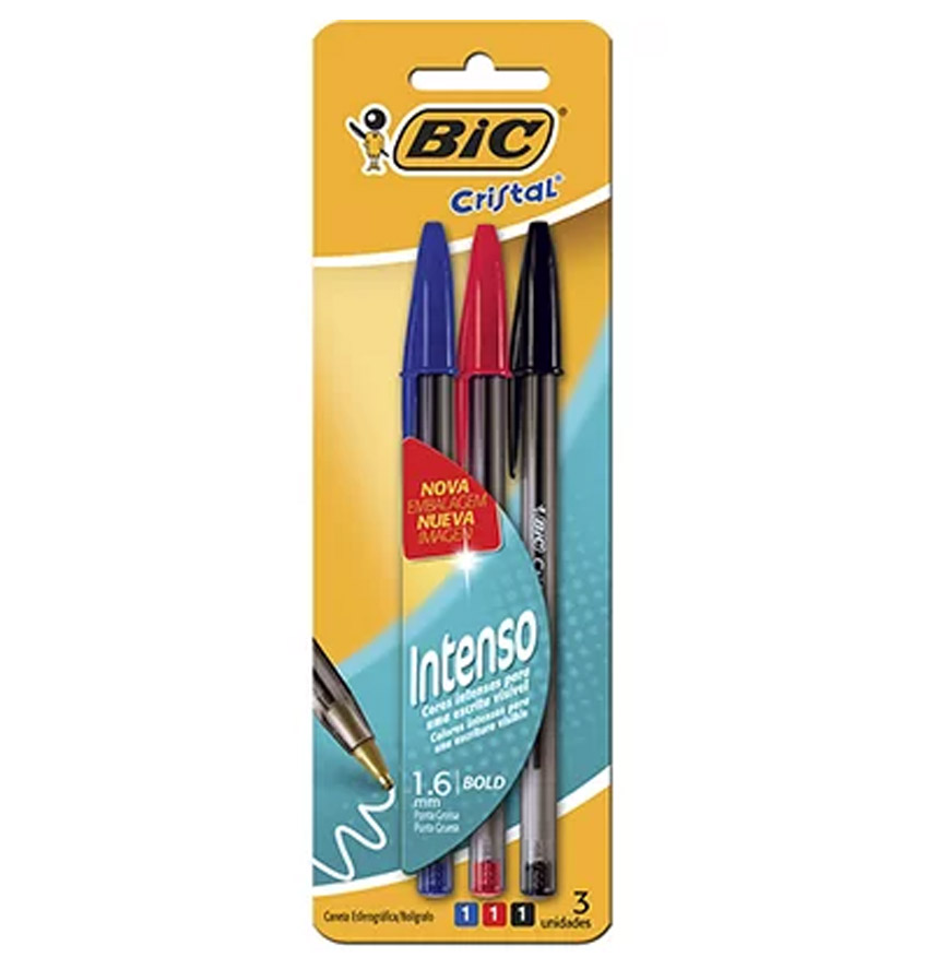 Caneta esferográfica 1.6mm Cristal Intenso Azul/Preto/Vermelho - Blister c/3 UN- BIC<br> Caneta esferográfica 1.6mm Cristal Intenso Azul/Preto/Vermelho - Blister c/3 UN- BIC<br>