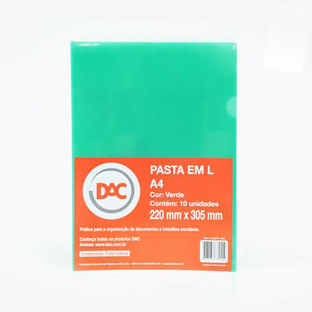 PASTA TIPO L TAMANHO A4 VERDE C/10 UNIDADES DAC PASTA TIPO L TAMANHO A4 VERDE C/10 UNIDADES DAC