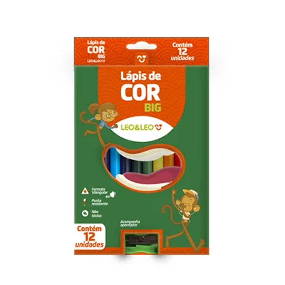 LÁPIS DE COR 12 CORES BIG PLÁSTICO TRIANGULAR C/APONTADOR LEO & LEO<br> LÁPIS DE COR 12 CORES BIG PLÁSTICO TRIANGULAR C/APONTADOR LEO & LEO<br>
