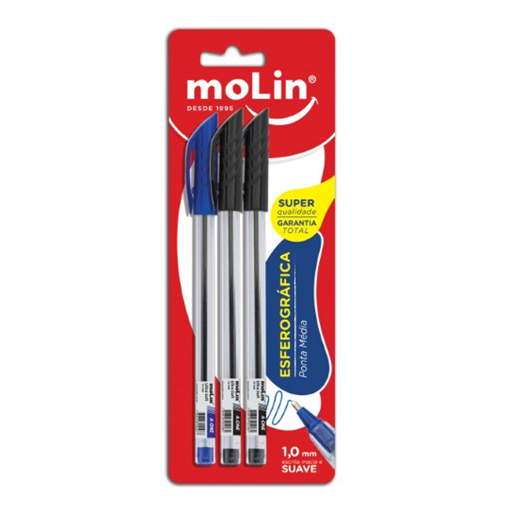 CANETA ESFEROGRÁFICA MÉDIA BLISTER COM 3 UN PRETA/AZUL - MOLIN CANETA ESFEROGRÁFICA MÉDIA BLISTER COM 3 UN PRETA/AZUL - MOLIN