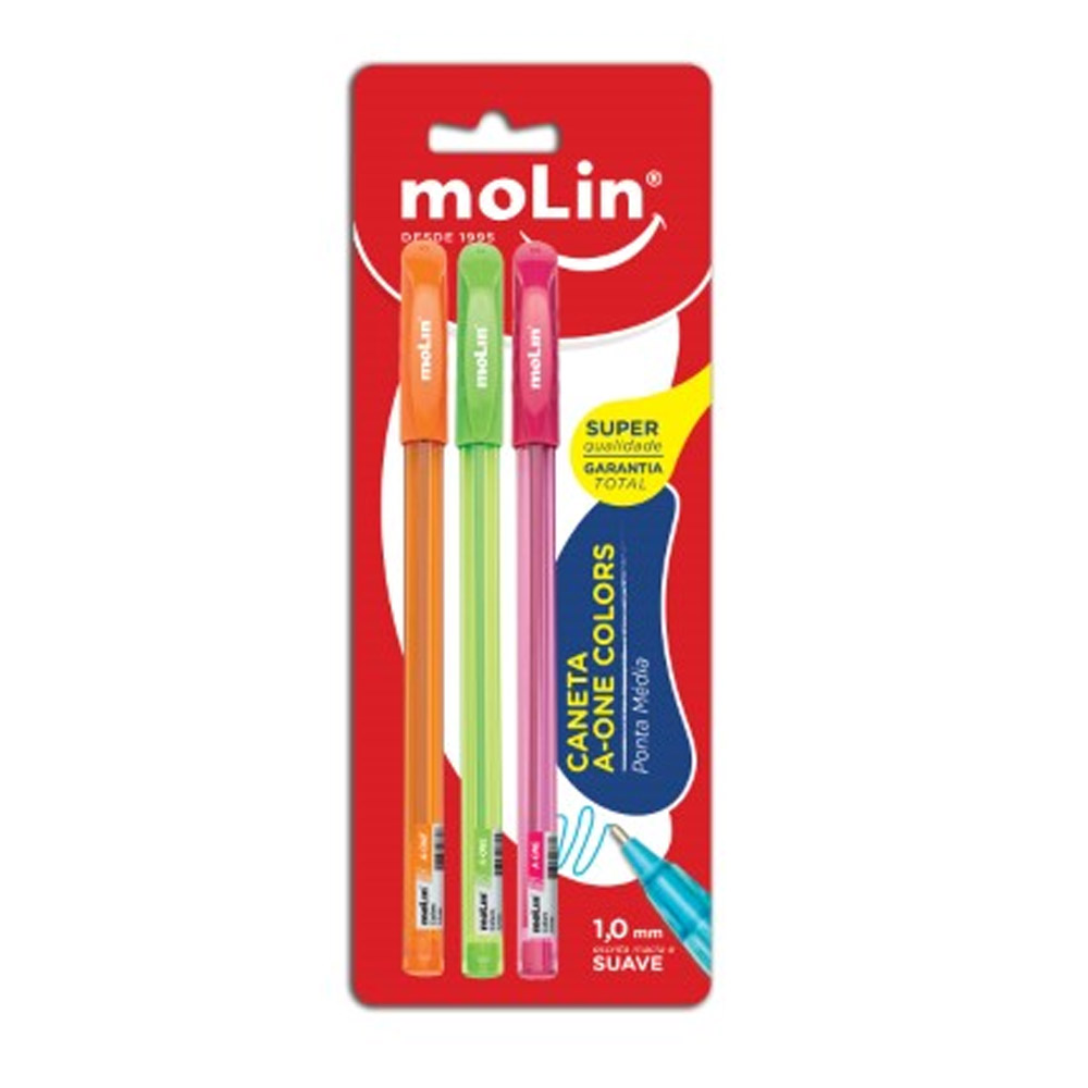 CANETA ESFEROGRÁFICA PONTA MÉDIA 1.0MM BLISTER ONE C/  3 UNIDADES SORTIDAS - MOLIN CANETA ESFEROGRÁFICA PONTA MÉDIA 1.0MM BLISTER ONE C/  3 UNIDADES SORTIDAS - MOLIN