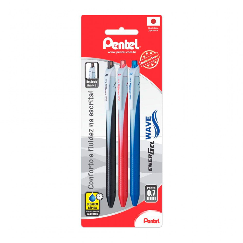 CANETA ENERGEL WAVE RETRATIL 0,7MM PRETA/AZUL/VERMELHA BLISTER C/3 PENTEL CANETA ENERGEL WAVE RETRATIL 0,7MM PRETA/AZUL/VERMELHA BLISTER C/3 PENTEL