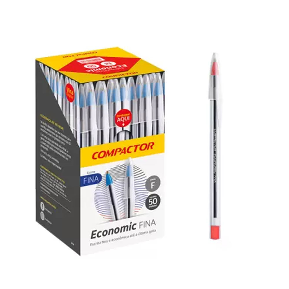 CANETA ESFEROGRÁFICA ECONOMIC VERMELHA FINA C/50 - COMPACTOR <br>