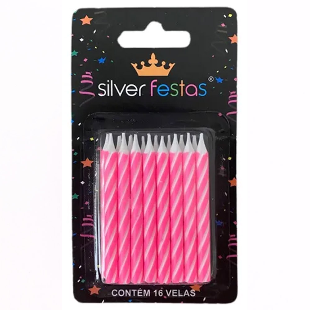 VELA PALITINHO ESPIRAL PINK SILVER C/16<br> VELA PALITINHO ESPIRAL PINK SILVER C/16<br>
