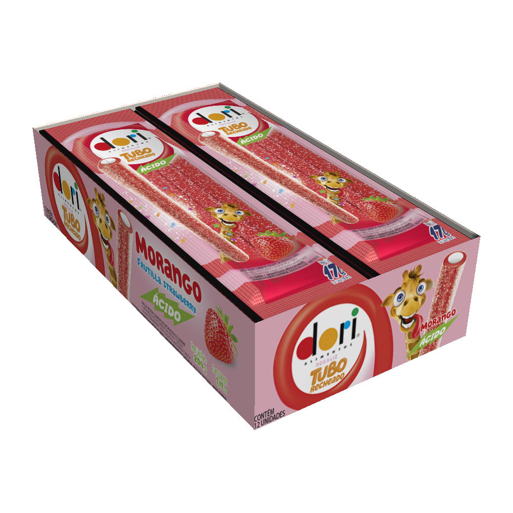 TUBO RECHEADO MORANGO ACIDO DORI 17G 12UN<br> TUBO RECHEADO MORANGO ACIDO DORI 17G 12UN<br>