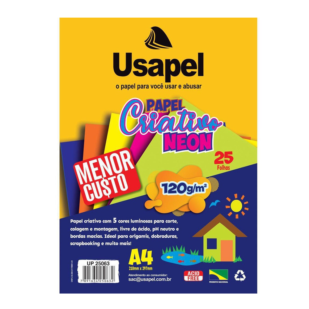 BLOCO A4 CRIATIVO NEON 5 CORES 120GR C/25FL USAPEL<br> BLOCO A4 CRIATIVO NEON 5 CORES 120GR C/25FL USAPEL<br>