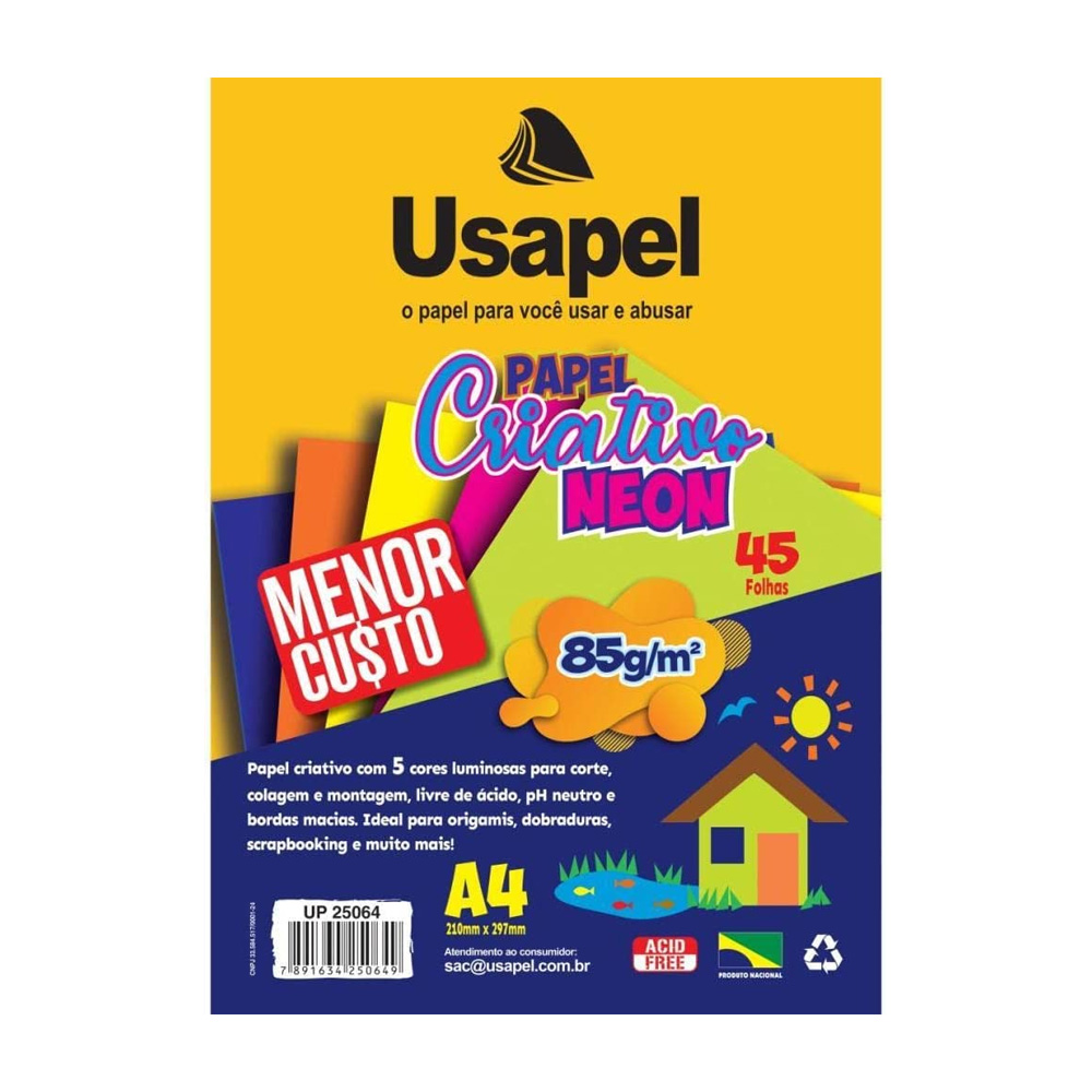 BLOCO A4 CRIATIVO NEON 5 CORES 85GR C/45FL USAPEL<br> BLOCO A4 CRIATIVO NEON 5 CORES 85GR C/45FL USAPEL<br>
