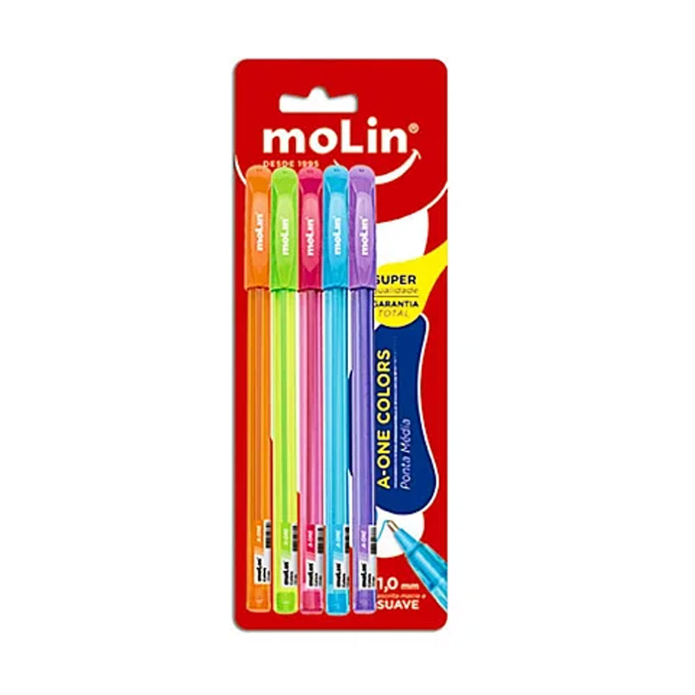 CANETA ESFEROGRÁFICA 1.0 A-ONE COLORS BLISTER C/5 MOLIN<br> CANETA ESFEROGRÁFICA 1.0 A-ONE COLORS BLISTER C/5 MOLIN<br>