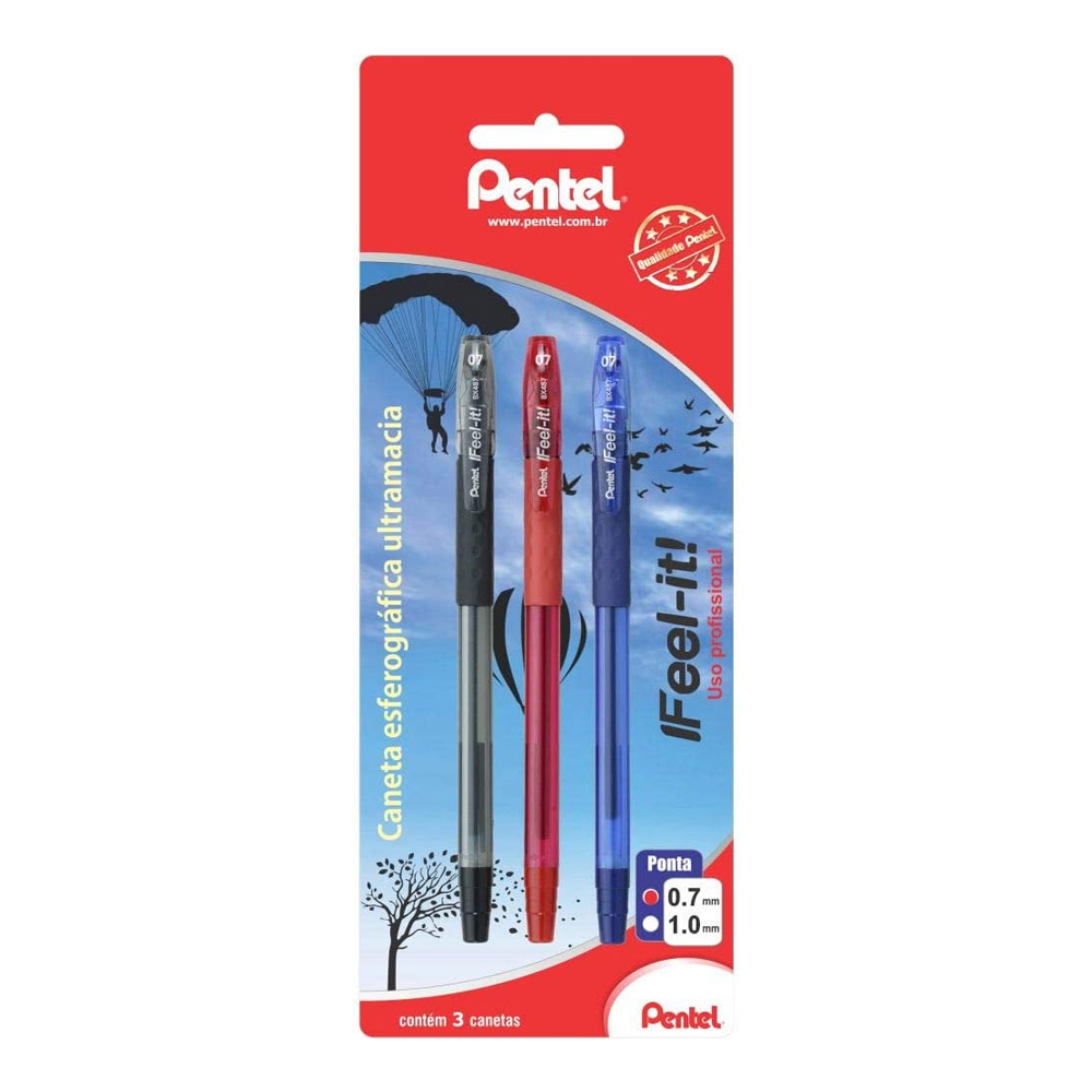 CANETA ESFEROGRÁFICA FEEL IT PRETO/VERMELHO/AZUL 0,7 BLISTER PENTEL<br> CANETA ESFEROGRÁFICA FEEL IT PRETO/VERMELHO/AZUL 0,7 BLISTER PENTEL<br>