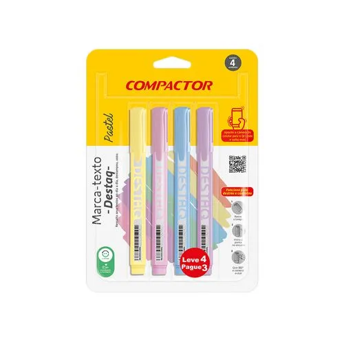 MARCA TEXTO DESTAQ COR PASTEL C/4 COMPACTOR     MARCA TEXTO DESTAQ COR PASTEL C/4 COMPACTOR