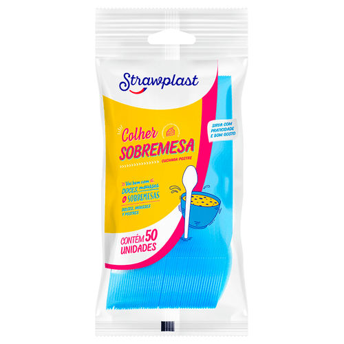 COLHER SOBREMESA AZUL STRAWPLAST 50UN                                                                                                                                                                         