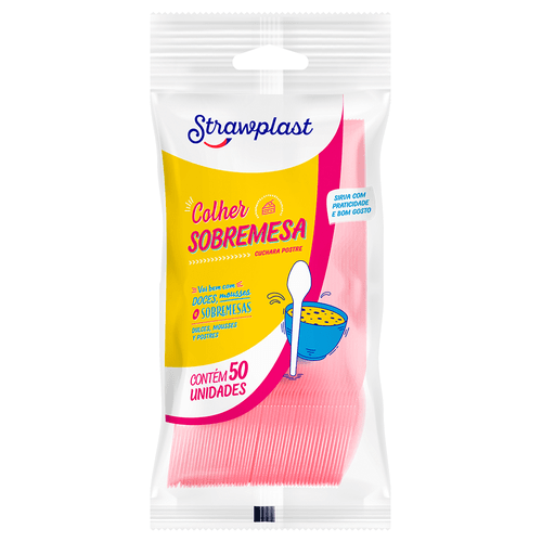 COLHER SOBREMESA ROSA STRAWPLAST 50UN                                                                                                                                                                         