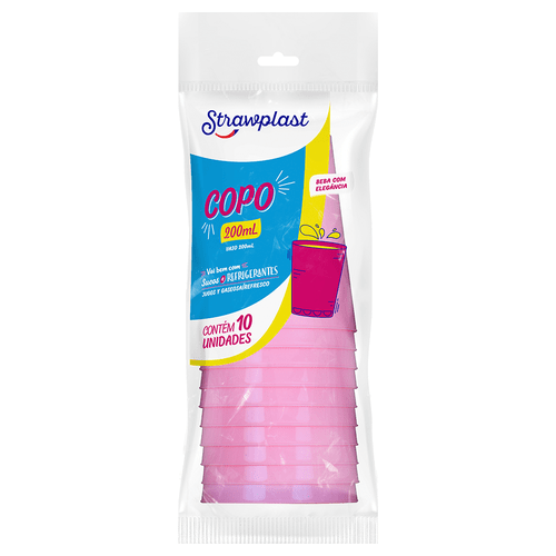 COPO PLASTICO 200ML ROSA STRAWPLAST 10UN                                                                                                                                                                   